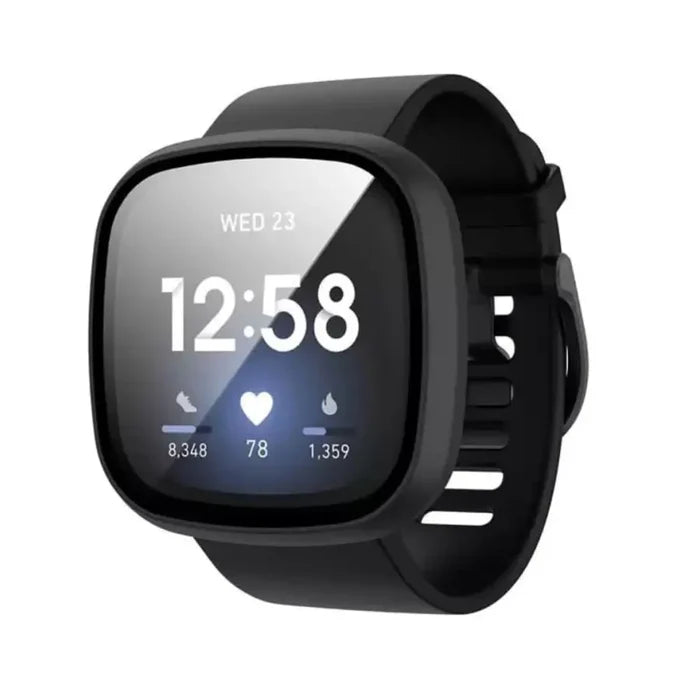 Black Habicare protective case for Fitbit Sense smartwatch, showcasing a durable watch cover with precise cutouts for access.