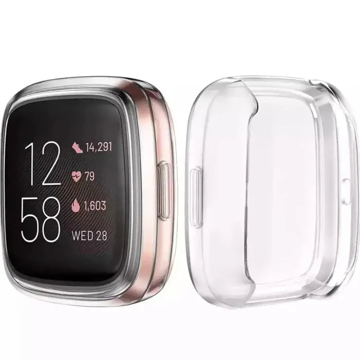 Clear Habicare protective case for Fitbit Versa 1 watch, showing a transparent cover protecting the device.
