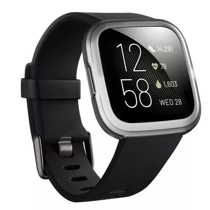 Clear Habicare protective case for Fitbit Versa 1 smartwatch, showing the transparent, snug-fit design on the device.