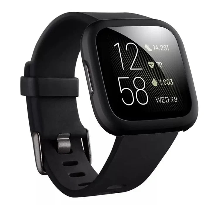 Black Habicare protective case for Fitbit Versa 2, featuring a snug fit and durable material for watch protection.