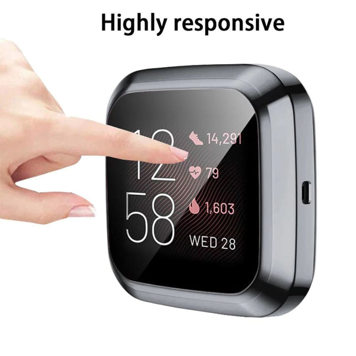 Black protective case for Fitbit Versa 2 watch, made by That Watch Shop, shown fitted around the device for added protection.