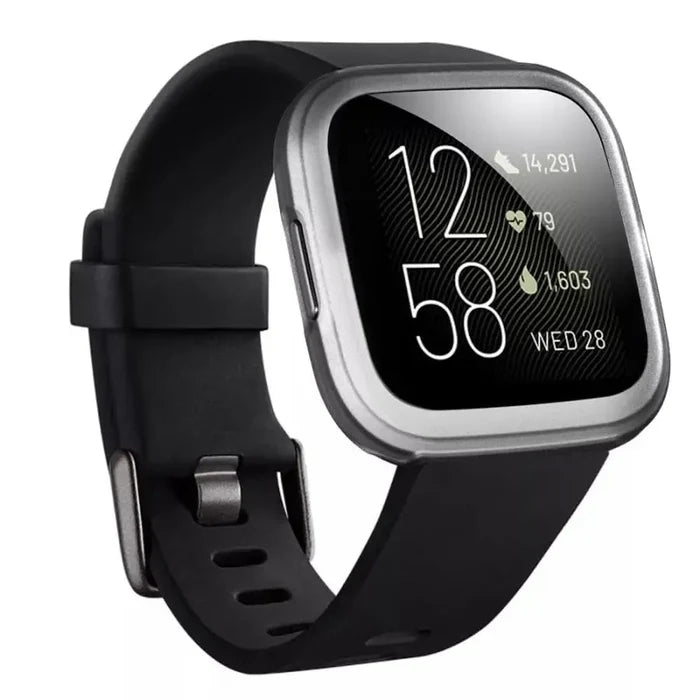 Clear Habicare protective case for Fitbit Versa 2 watch, showing a snug fit and transparent design for added protection.