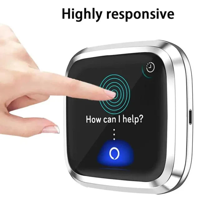 Clear Habicare protective case for Fitbit Versa 2 watch, showing the transparent, snug-fitting cover on the device.