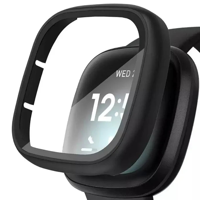 Black Habicare protective case for Fitbit Versa 3 watch, showcasing durable, shock-resistant cover on the device.