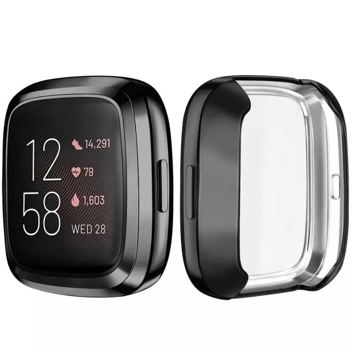 Black protective case for Fitbit Versa 4 smartwatch, designed to shield and enhance the device with durable material.