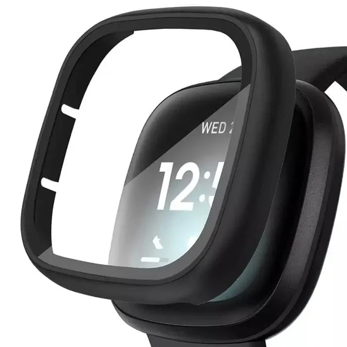Black Habicare protective case for Fitbit Versa 4 watch, showcasing a snug fit and durable cover for device protection.