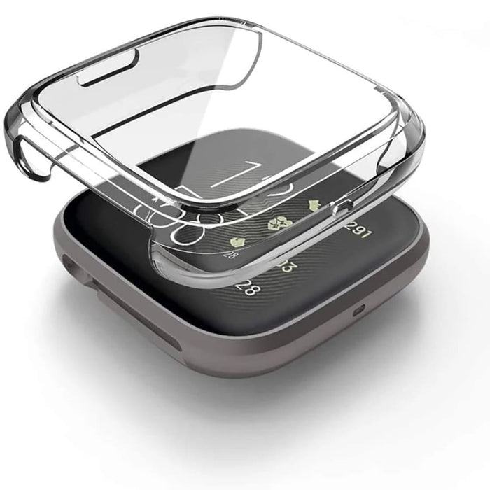 Clear protective watch case for Fitbit Versa 4 by That Watch Shop, showcasing a transparent fit and durable design.