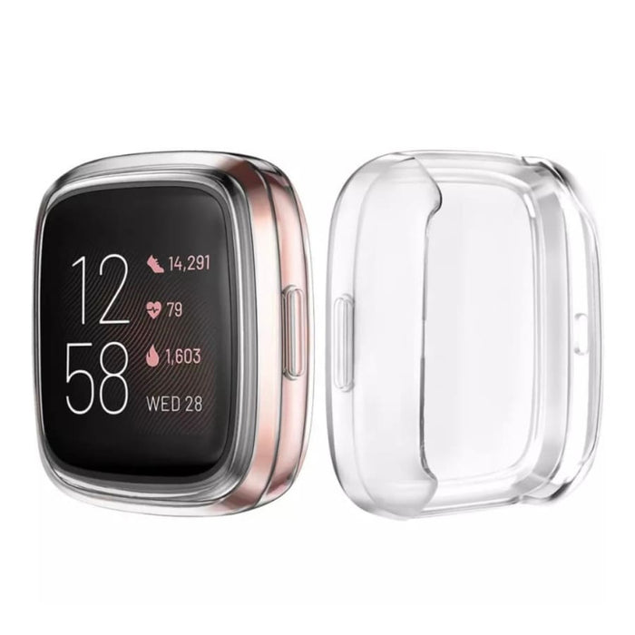 Clear protective watch case for Fitbit Versa 4 by That Watch Shop, showcasing a transparent, durable cover on a smartwatch.