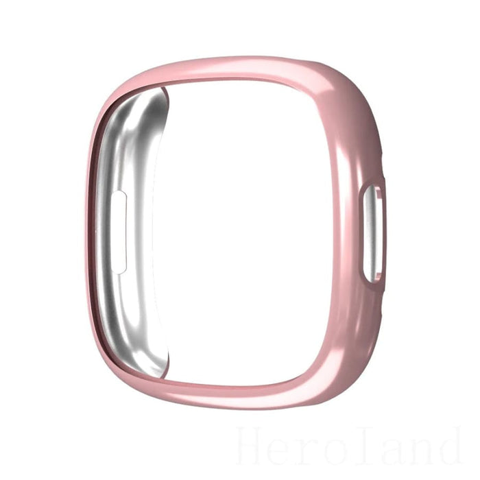 Pink protective case for Fitbit Versa 4, designed by That Watch Shop, showing the sleek rose gold watch with the case fitted.