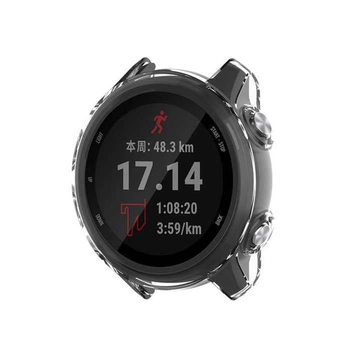 Clear protective case for Garmin Forerunner 245 watch, designed by That Watch Shop, showing the transparent cover on the watch.