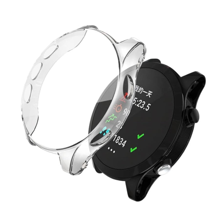 Clear protective case for Garmin Forerunner 245 watch, made by That Watch Shop, showing the transparent watch cover on the device.