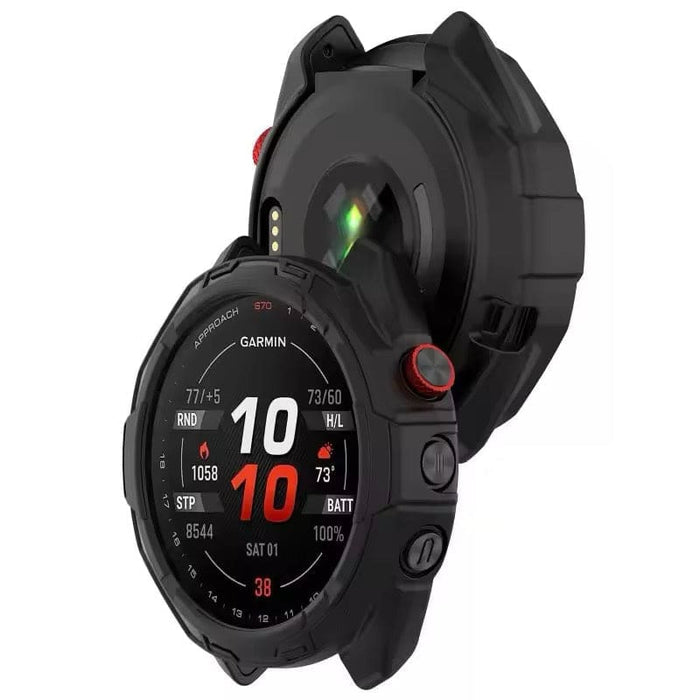 Black protective case for Garmin Approach S70 47mm watch, durable cover designed to safeguard the smartwatch.