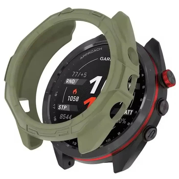 Green Habicare protective case for Garmin Approach S70 47mm watch, providing durable coverage and style.