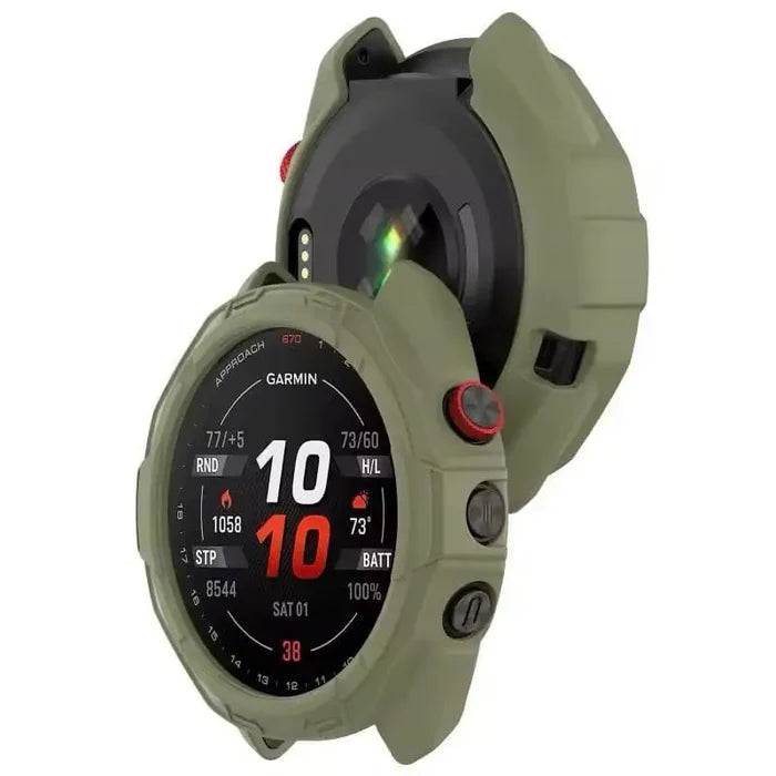 Green Habicare protective case for Garmin Approach S70 47mm watch, providing durable coverage and protection.