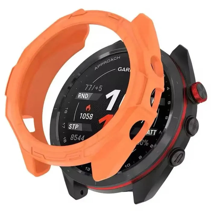 Orange Habicare protective case for Garmin Approach S70 47mm watch, providing durable coverage and style.