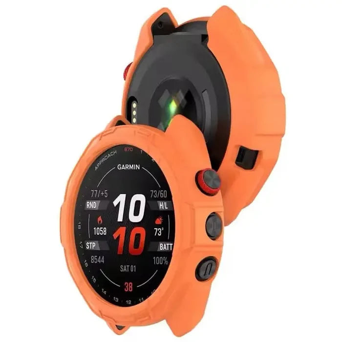 Orange Habicare protective watch case for Garmin Approach S70 47mm, designed to safeguard the smartwatch.