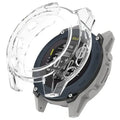 Clear protective case for Garmin Descent G1 watch by Habicare, shown fitted over the watch with transparent, durable material.