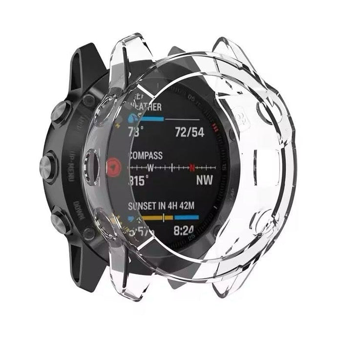 Clear protective case for Garmin Enduro smartwatch, fits snugly to shield the watch from scratches and impacts.