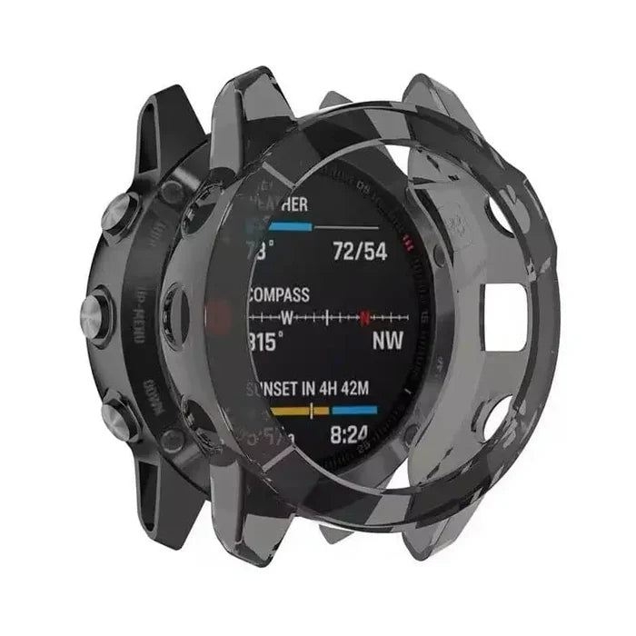 Transparent black Habicare protective case for Garmin Enduro watch, showcasing durable, clear coverage around the watch face and band.