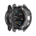 Transparent black Habicare protective case for Garmin Enduro watch, showcasing durable, clear coverage around the watch face and band.