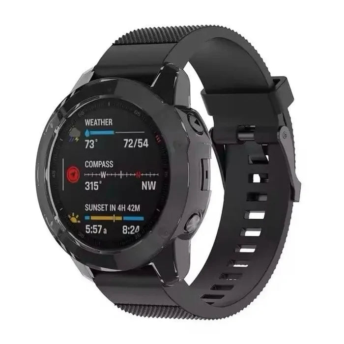 Transparent black Habicare protective case for Garmin Enduro watch, providing durable coverage and scratch resistance.