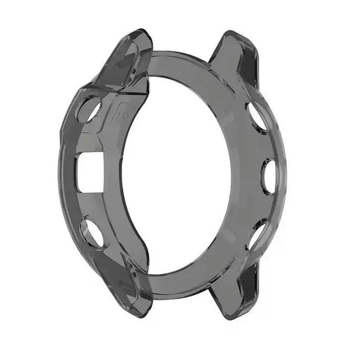Transparent black Habicare protective watch case for Garmin Enduro, showing the sturdy, clear design fitted around the watch.