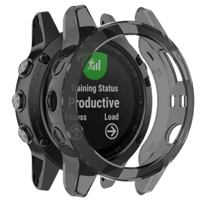 Black Habicare protective watch case for Garmin fenix 5 Series, providing durable coverage and protection for the smartwatch.