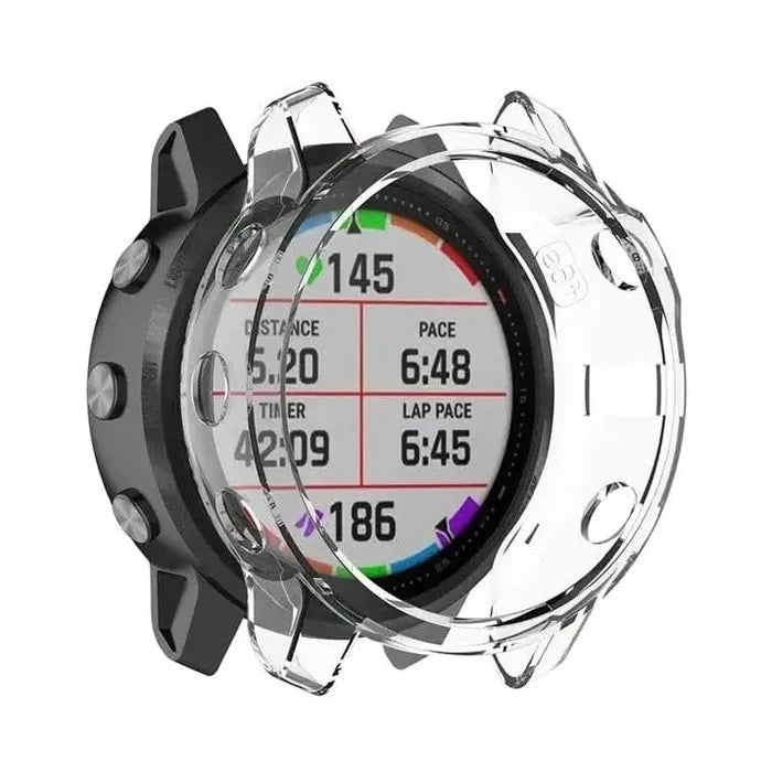 Clear protective case for Garmin fenix 6 and 6 Pro series watch, made by Habicare, shown fitted on the watch.