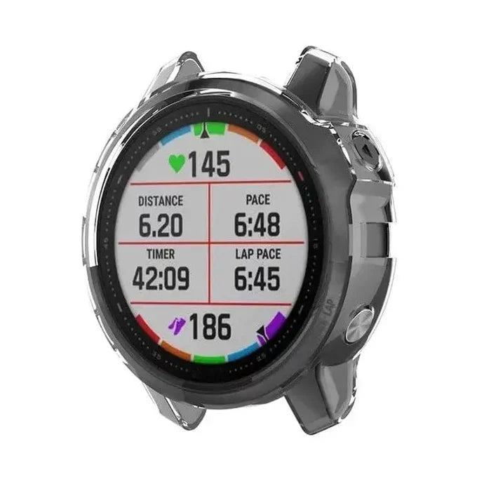 Clear protective case for Garmin fenix 6S and 6S Pro watch, made by Habicare, shown fitted on the watch in the image.