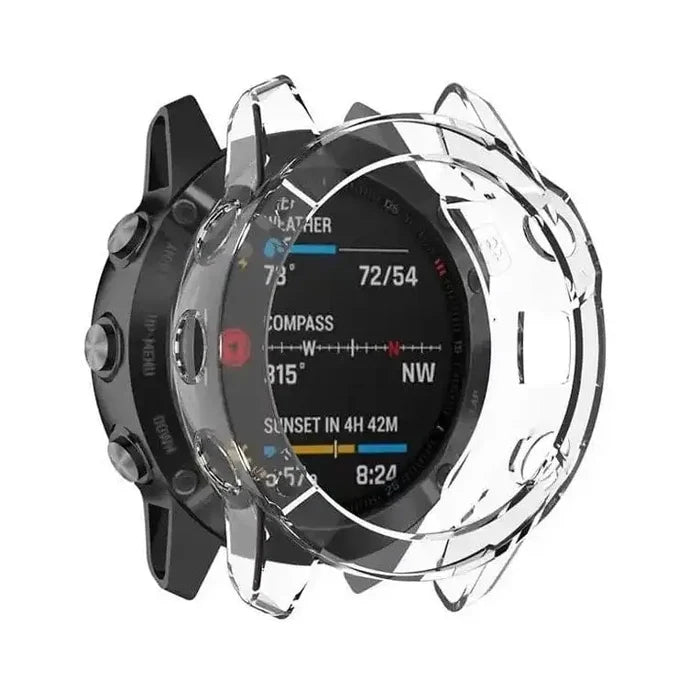 Clear protective case for Garmin fenix 6S/6S Pro smartwatch by Habicare, shown on the watch, offering durable coverage.