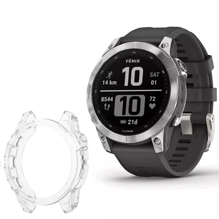 Clear protective case for Garmin Fenix 7 and 7 Pro series watch, designed to safeguard the watch with a transparent cover.