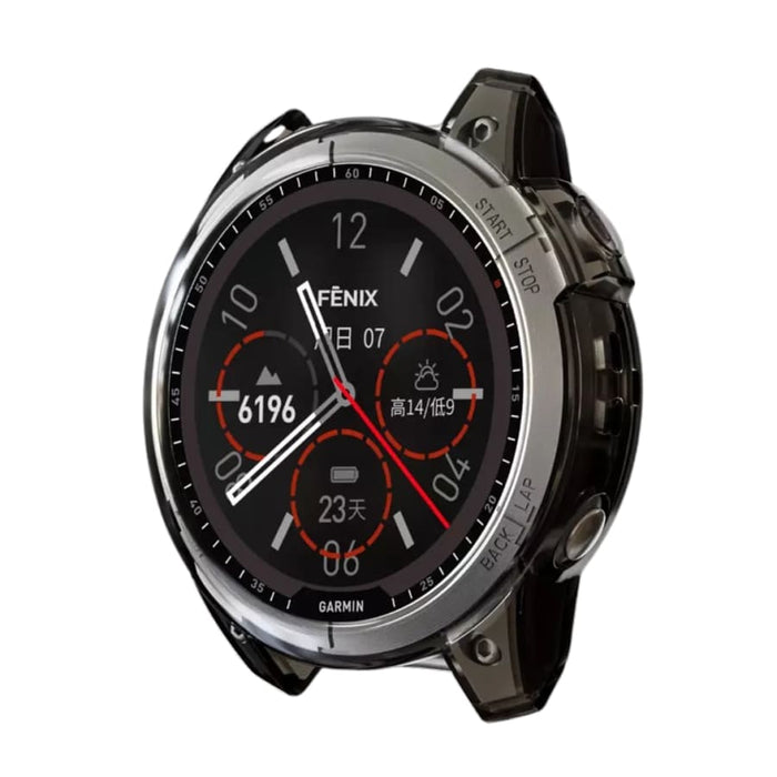 Clear protective case for Garmin Fenix 7 and 7 Pro series watch, designed to shield and showcase the smartwatch.