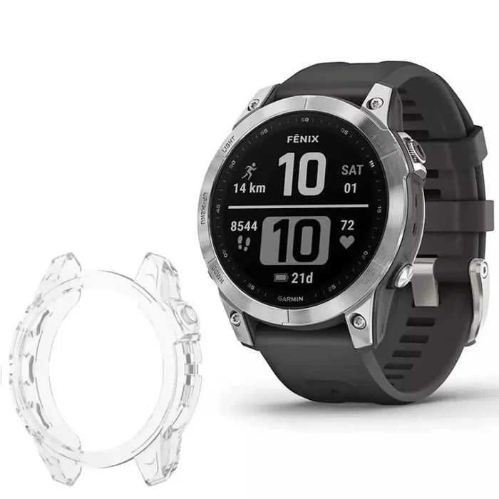 Clear protective case for Garmin fenix 7S/7S Pro series watch by Habicare, showcasing transparent coverage and precise fit.