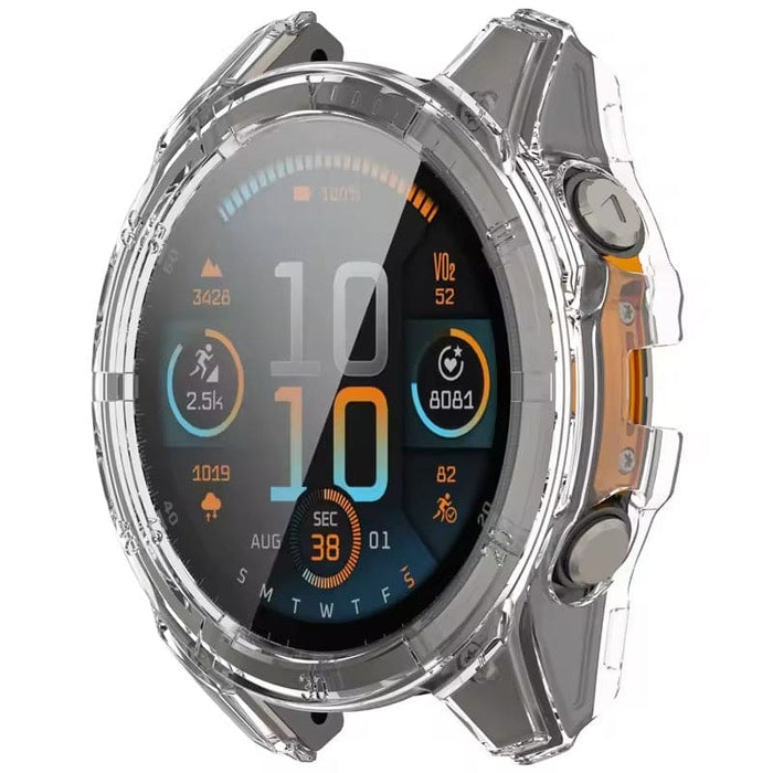 Clear protective case for Garmin Fenix 8 43mm series watch, designed to safeguard the watch while showcasing its design.