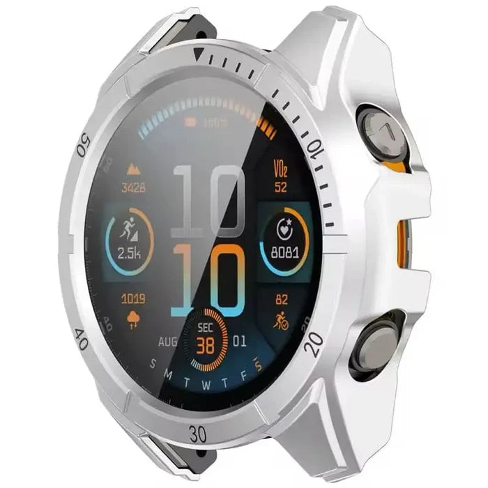 Silver protective case for Garmin Fenix 8 43mm watch series by Habicare, showing the durable watch cover in close-up.