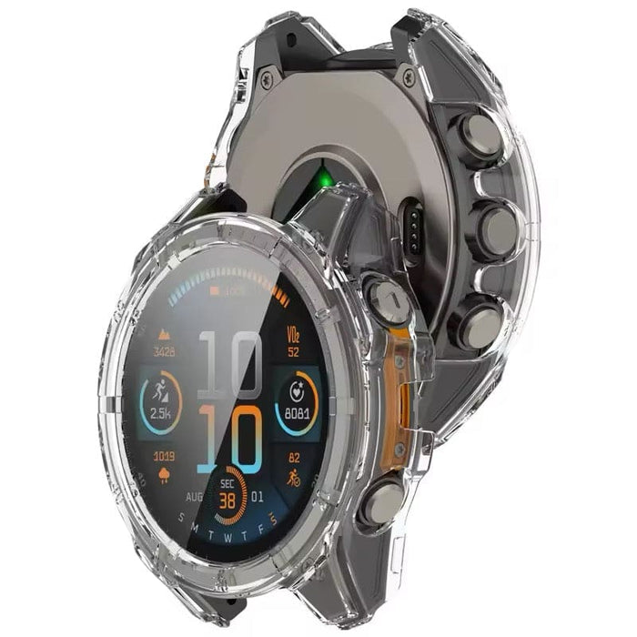 Clear protective case for Garmin Fenix 8 51mm series watch, made by That Watch Shop, showing a transparent cover on a smartwatch.