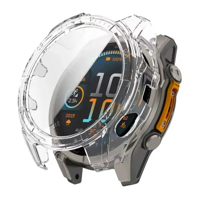 Clear protective case for Garmin fenix E 47mm series watch by Habicare, showing the transparent, durable cover on the watch face.