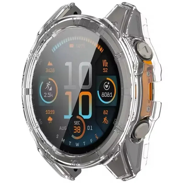 Clear protective case for Garmin fenix E 47mm series watch by Habicare, shown fitted on the watch face and band.