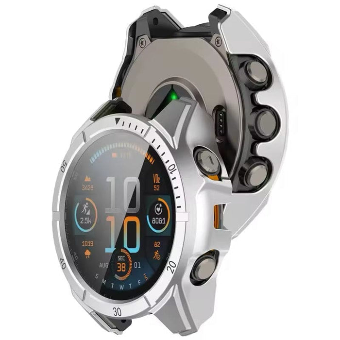 Silver protective case for Garmin fenix E 47mm series smartwatch, rugged metal design, enhances durability and style.