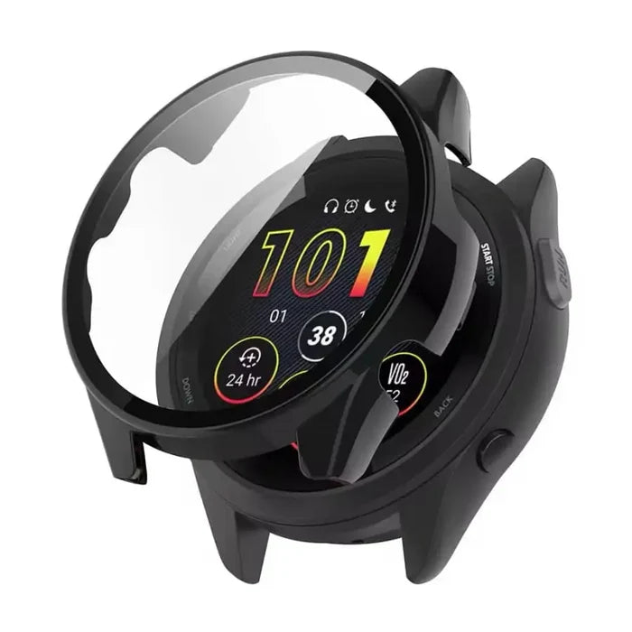 Black Habicare protective case for Garmin Forerunner 165 watch, showing snug fit and durable material.