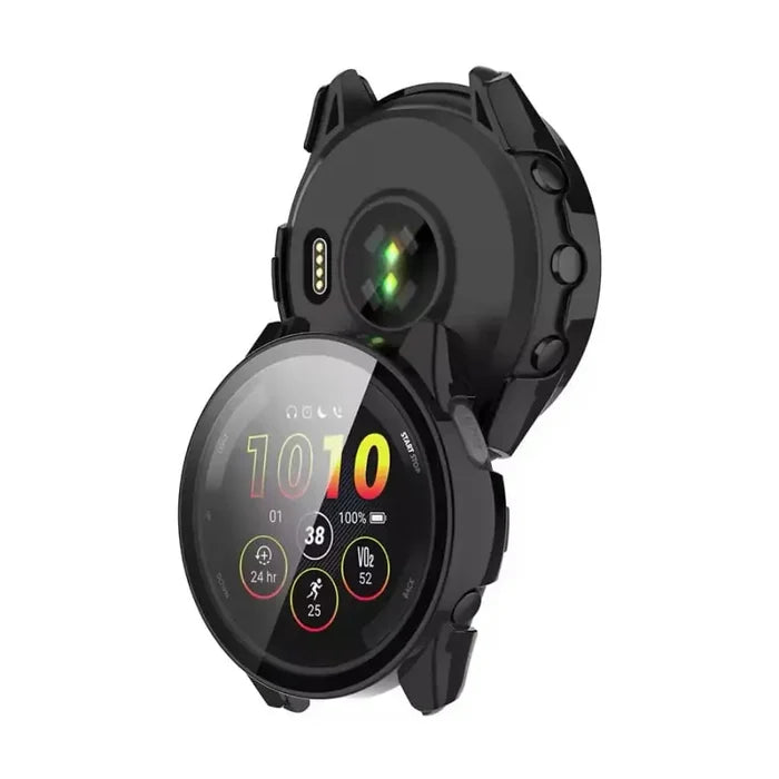Black Habicare protective watch case for Garmin Forerunner 165, designed to safeguard and enhance the watch's appearance.