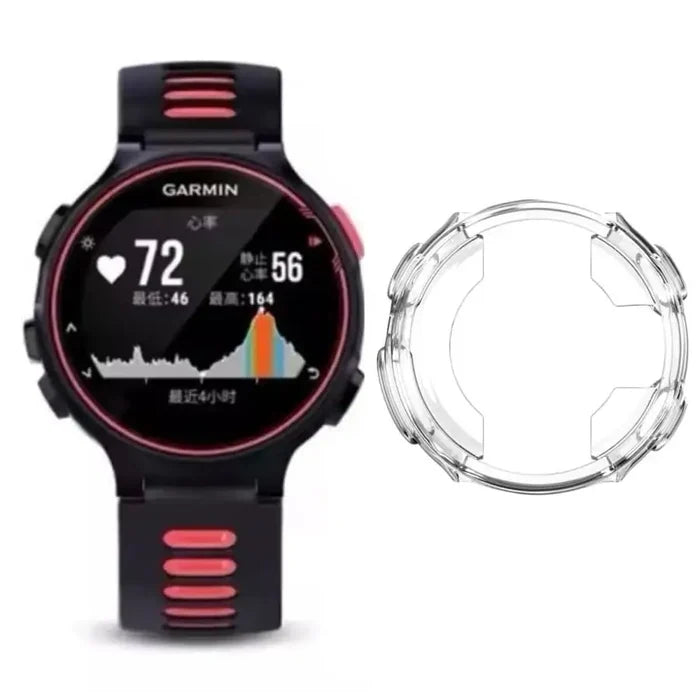 Clear protective case for Garmin Forerunner 235 series watch by Habicare, shown fitted on the watch with a transparent design.