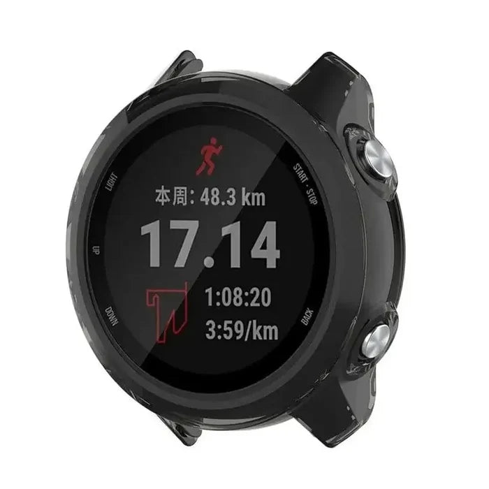 Transparent black Habicare protective case for Garmin Forerunner 245 series watch, made of durable material to shield the device.