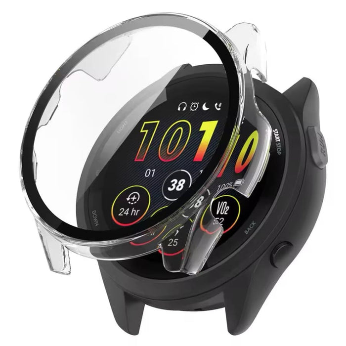 Clear protective case for Garmin Forerunner 265S smartwatch, made by That Watch Shop, shown fitted on the watch.