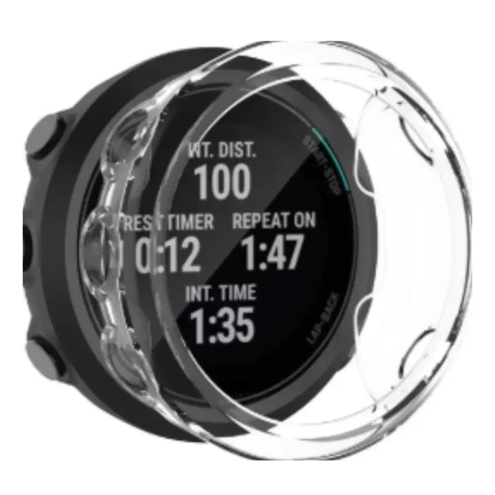 Clear protective case for Garmin Forerunner 45 39mm watch, by Habicare, shown fitted on the smartwatch.