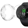 Clear Habicare protective case for Garmin Forerunner 45 42mm watch, showing a snug fit around the watch face and band.