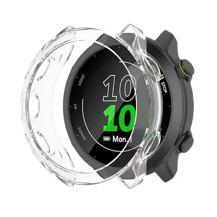 Clear Habicare protective case for Garmin Forerunner 55 watch, showing the transparent cover fitting the device.
