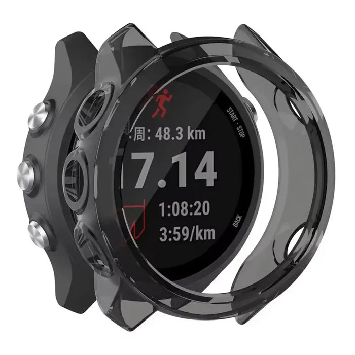 Black Habicare protective watch case for Garmin Forerunner 645 Series, designed to safeguard the smartwatch.