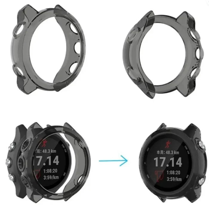Clear protective case for Garmin Forerunner 645 Series watch by Habicare, showing the transparent cover fitting the watch.