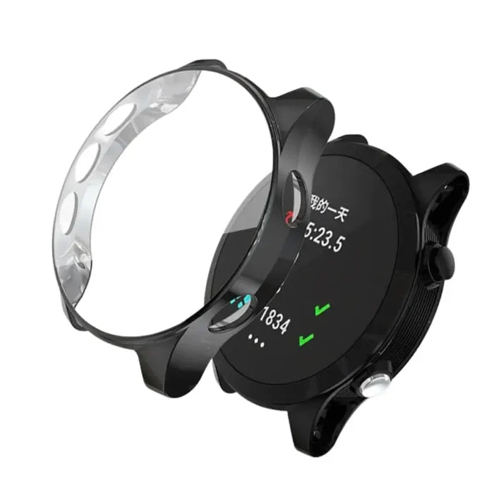 Black Habicare protective case for Garmin Forerunner 745 watch, showing a snug fit around the watch face and sides.